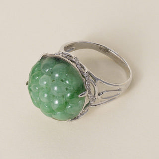 Estate 18K White Gold Carved Natural Jade and 0.35 Carat Diamond Dome Ring