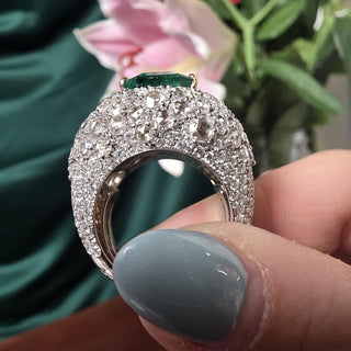 Estate Italian 18K Gold Certified 4CT Emerald and Diamond Cobblestone Dome Ring