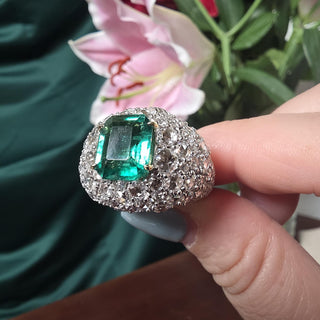 Estate Italian 18K Gold Certified 4CT Emerald and Diamond Cobblestone Dome Ring