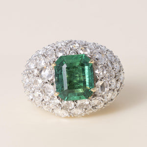 Estate Italian 18K Gold Certified 4CT Emerald and Diamond Cobblestone Dome Ring