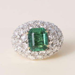 Estate Italian 18K Gold Certified 4CT Emerald and Diamond Cobblestone Dome Ring