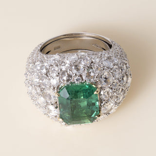 Estate Italian 18K Gold Certified 4CT Emerald and Diamond Cobblestone Dome Ring