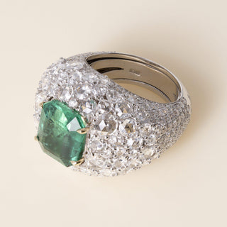 Estate Italian 18K Gold Certified 4CT Emerald and Diamond Cobblestone Dome Ring