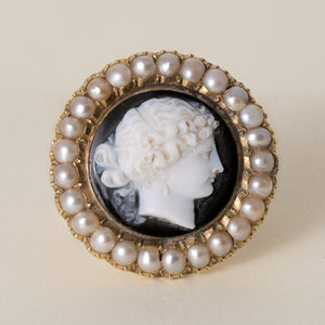 Vintage 1960s Onyx and Pearl Cameo Cocktail Ring