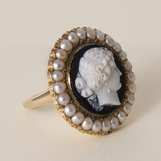 Vintage 1960s Onyx and Pearl Cameo Cocktail Ring