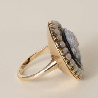 Vintage 1960s Onyx and Pearl Cameo Cocktail Ring