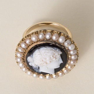 Vintage 1960s Onyx and Pearl Cameo Cocktail Ring