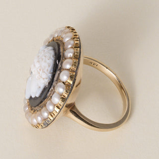 Vintage 1960s Onyx and Pearl Cameo Cocktail Ring