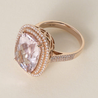 Estate 7.11 Carat Cushion-Cut Morganite and Diamond Halo 14K Rose Gold Ring