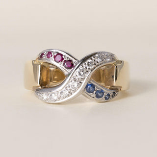 Vintage 1970s 13.4K Two-Tone Gold Diamond Ruby and Sapphire X Infinity Ring Band