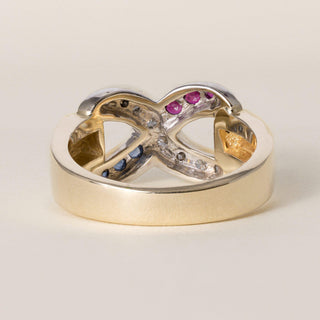 Vintage 1970s 13.4K Two-Tone Gold Diamond Ruby and Sapphire X Infinity Ring Band