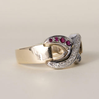 Vintage 1970s 13.4K Two-Tone Gold Diamond Ruby and Sapphire X Infinity Ring Band