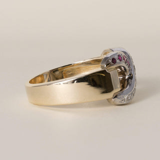 Vintage 1970s 13.4K Two-Tone Gold Diamond Ruby and Sapphire X Infinity Ring Band