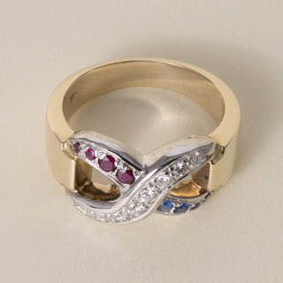 Vintage 1970s 13.4K Two-Tone Gold Diamond Ruby and Sapphire X Infinity Ring Band
