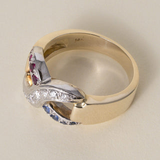 Vintage 1970s 13.4K Two-Tone Gold Diamond Ruby and Sapphire X Infinity Ring Band