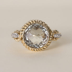 Estate 3.27 Carat Prasiolite Checkerboard and Diamond 14K Gold Cocktail Ring