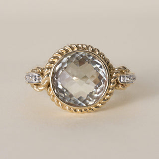 Estate 3.27 Carat Prasiolite Checkerboard and Diamond 14K Gold Cocktail Ring