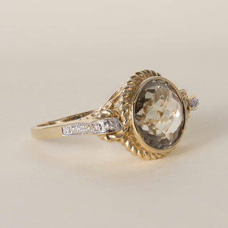 Estate 3.27 Carat Prasiolite Checkerboard and Diamond 14K Gold Cocktail Ring