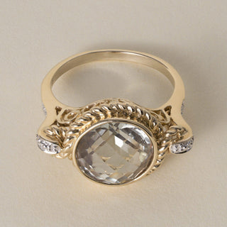 Estate 3.27 Carat Prasiolite Checkerboard and Diamond 14K Gold Cocktail Ring