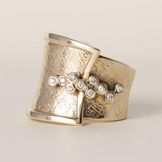 Estate Sonia B 0.10 Carat Diamond Brushed 14K Yellow Gold Buckle Cigar Ring Band