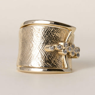 Estate Sonia B 0.10 Carat Diamond Brushed 14K Yellow Gold Buckle Cigar Ring Band