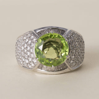 GIA Certified 4.08 Carat Peridot and Diamond 18K White Gold Cocktail Ring