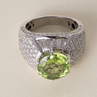 GIA Certified 4.08 Carat Peridot and Diamond 18K White Gold Cocktail Ring