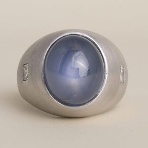 Estate 13K Gold 23 Carat Blue Star Sapphire and Princess Cut Diamond Dome Ring