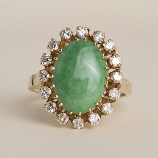 Vintage 13K Gold 4.50 Carat Jade Oval Cut Cabochon and Diamond Halo Ring