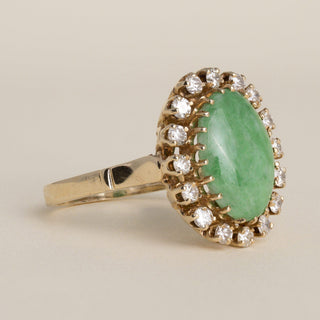 Vintage 13K Gold 4.50 Carat Jade Oval Cut Cabochon and Diamond Halo Ring