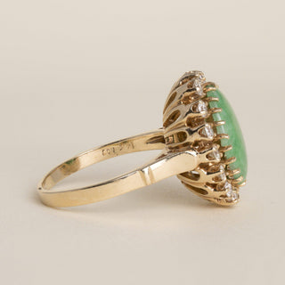 Vintage 13K Gold 4.50 Carat Jade Oval Cut Cabochon and Diamond Halo Ring