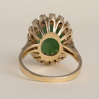Vintage 13K Gold 4.50 Carat Jade Oval Cut Cabochon and Diamond Halo Ring
