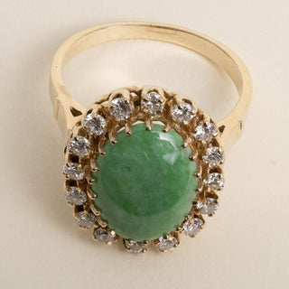 Vintage 13K Gold 4.50 Carat Jade Oval Cut Cabochon and Diamond Halo Ring