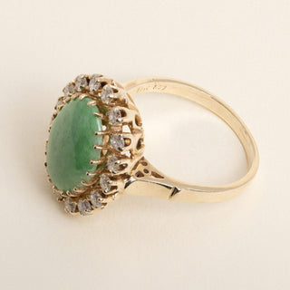 Vintage 13K Gold 4.50 Carat Jade Oval Cut Cabochon and Diamond Halo Ring