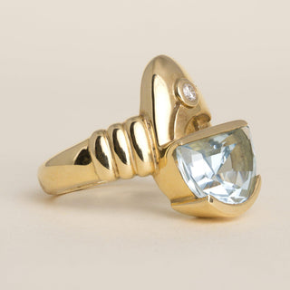 Vintage Modernist 5 Carat Aquamarine Half Moon Cabochon & Diamond 18k Gold Ring