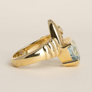 Vintage Modernist 5 Carat Aquamarine Half Moon Cabochon & Diamond 18k Gold Ring