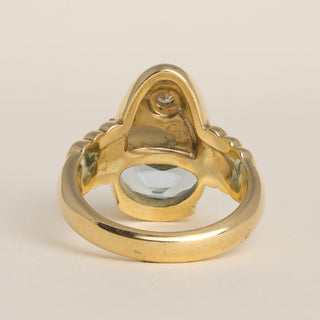 Vintage Modernist 5 Carat Aquamarine Half Moon Cabochon & Diamond 18k Gold Ring