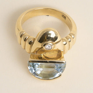 Vintage Modernist 5 Carat Aquamarine Half Moon Cabochon & Diamond 18k Gold Ring