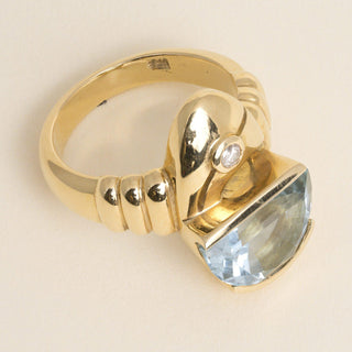 Vintage Modernist 5 Carat Aquamarine Half Moon Cabochon & Diamond 18k Gold Ring