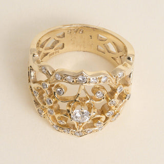 Vintage 14K Gold 0.50 Carat Diamond Cluster Open Filigree Cocktail Ring Band