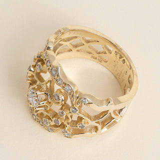 Vintage 14K Gold 0.50 Carat Diamond Cluster Open Filigree Cocktail Ring Band