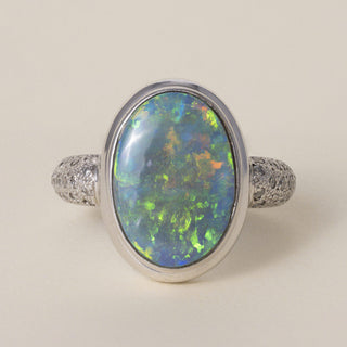 Estate Platinum 4.33 Carat Australian Black Opal and Diamond Ring