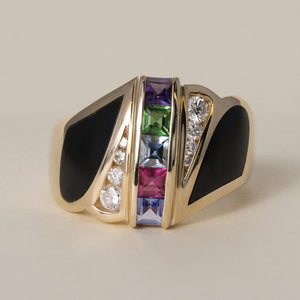 Vintage Estate 1990s 14K Gold Black Jade Multi Gemstone and Diamond Ring