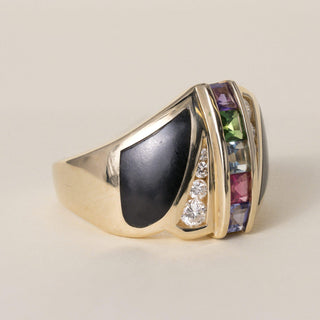 Vintage Estate 1990s 14K Gold Black Jade Multi Gemstone and Diamond Ring