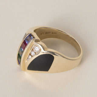 Vintage Estate 1990s 14K Gold Black Jade Multi Gemstone and Diamond Ring