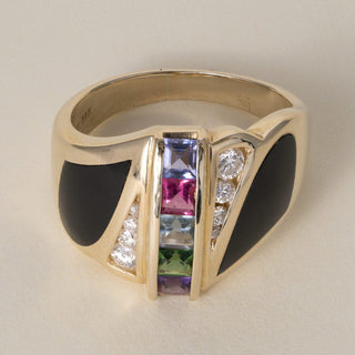 Vintage Estate 1990s 14K Gold Black Jade Multi Gemstone and Diamond Ring