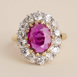 Antique 18K Gold 2.63ct Burma Ruby No Heat & Old Mine Cut Diamond Halo Ring