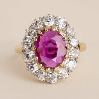 Antique 18K Gold 2.63ct Burma Ruby No Heat & Old Mine Cut Diamond Halo Ring