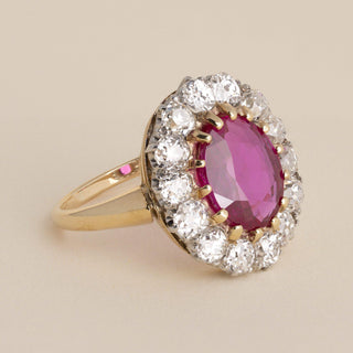 Antique 18K Gold 2.63ct Burma Ruby No Heat & Old Mine Cut Diamond Halo Ring