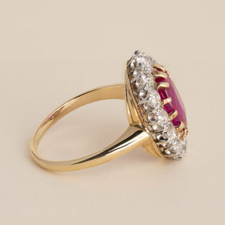Antique 18K Gold 2.63ct Burma Ruby No Heat & Old Mine Cut Diamond Halo Ring